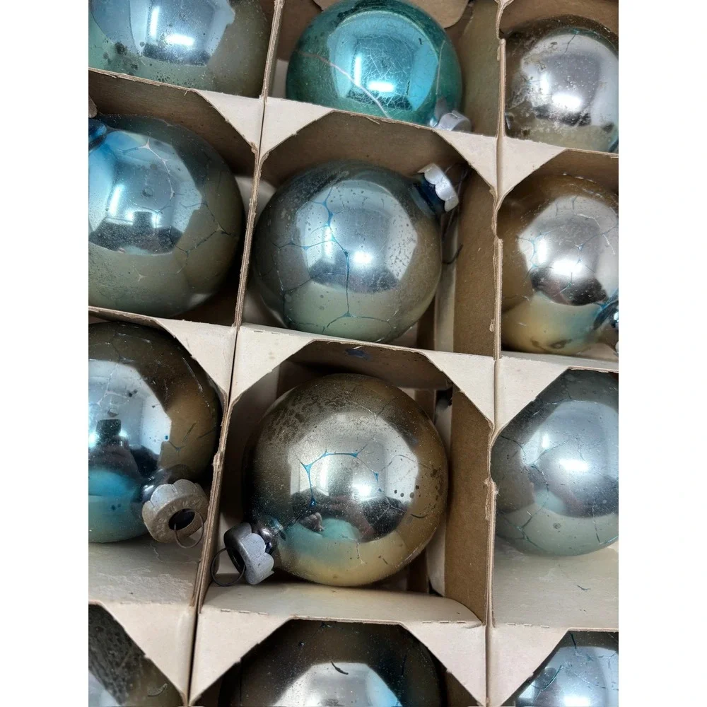 Vintage Shiny Brite Glass Ornaments Blue Silver Fair 12pc Set MCM USA Made Box